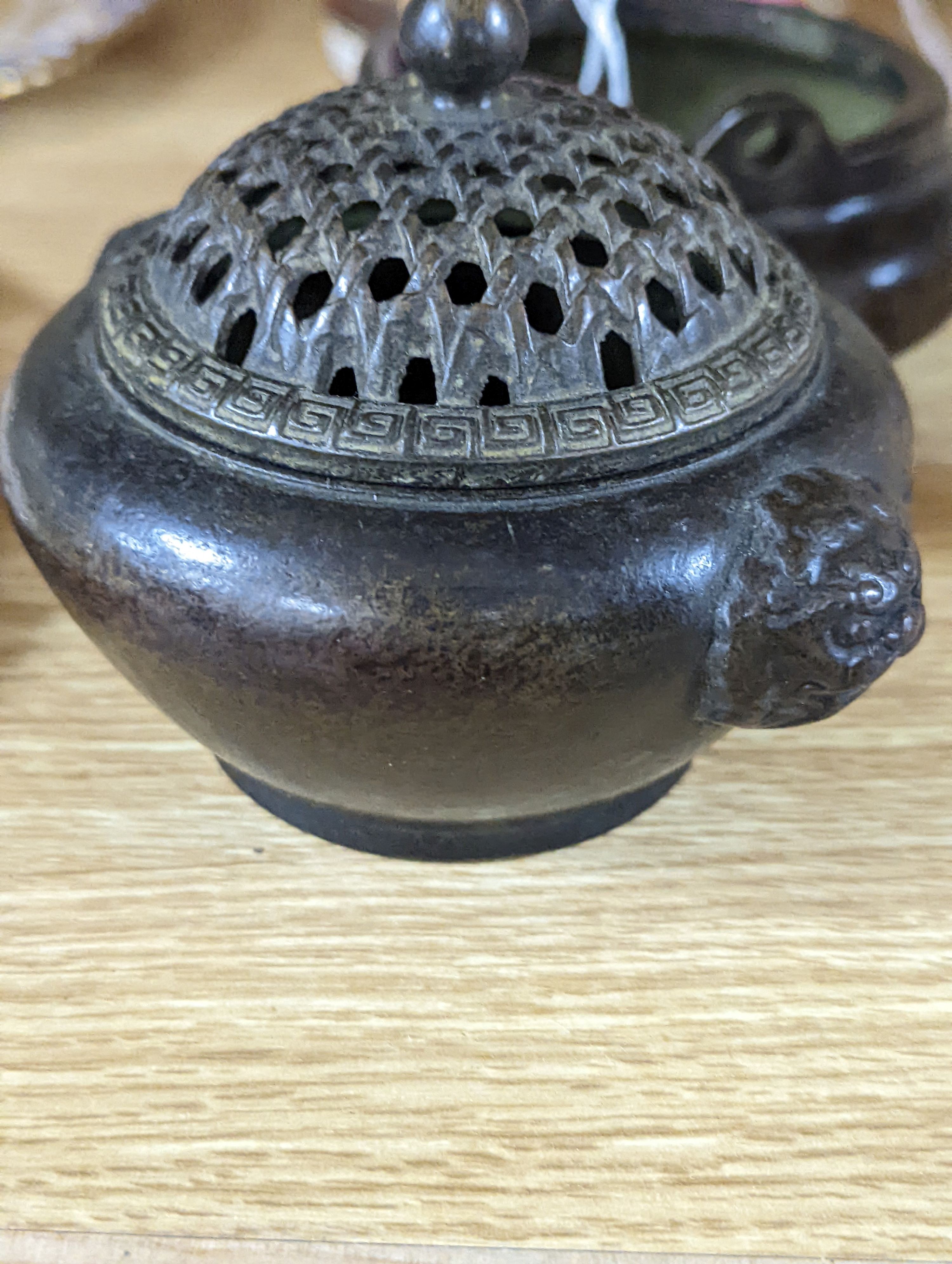 A Chinese bronze tripod censer and a Chinese bronze censer and cover 11cm